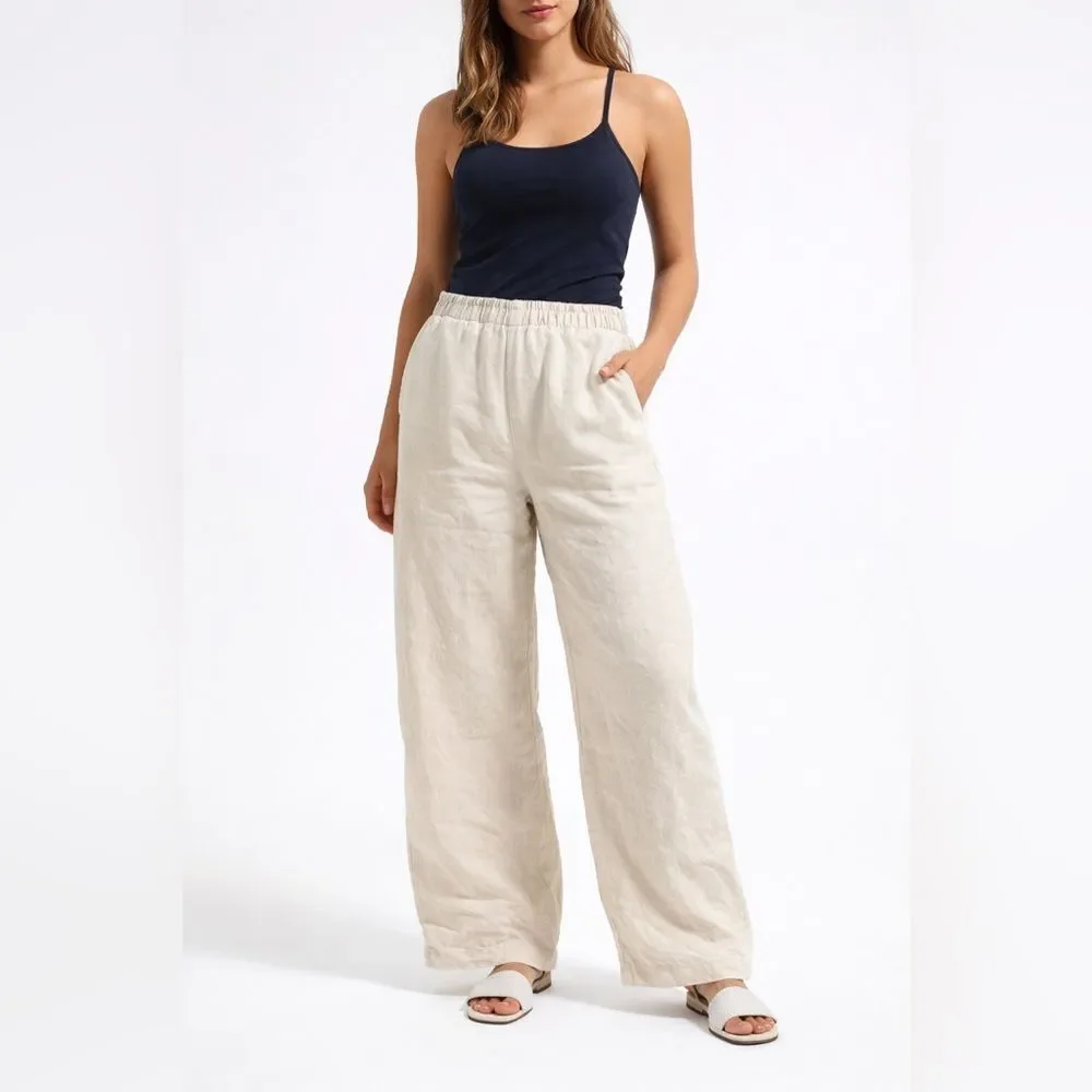 H&M Women's Cream Pull-On Pants Elastic Waist Relaxed Lounge Trousers Size Small